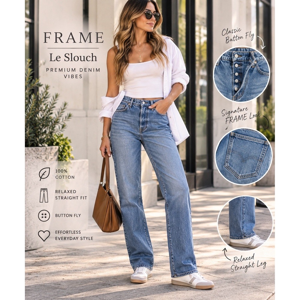 FRAME Le Slouch Jeans Women's 26 Blue Straight Leg 100% Cotton Button Fly Casual